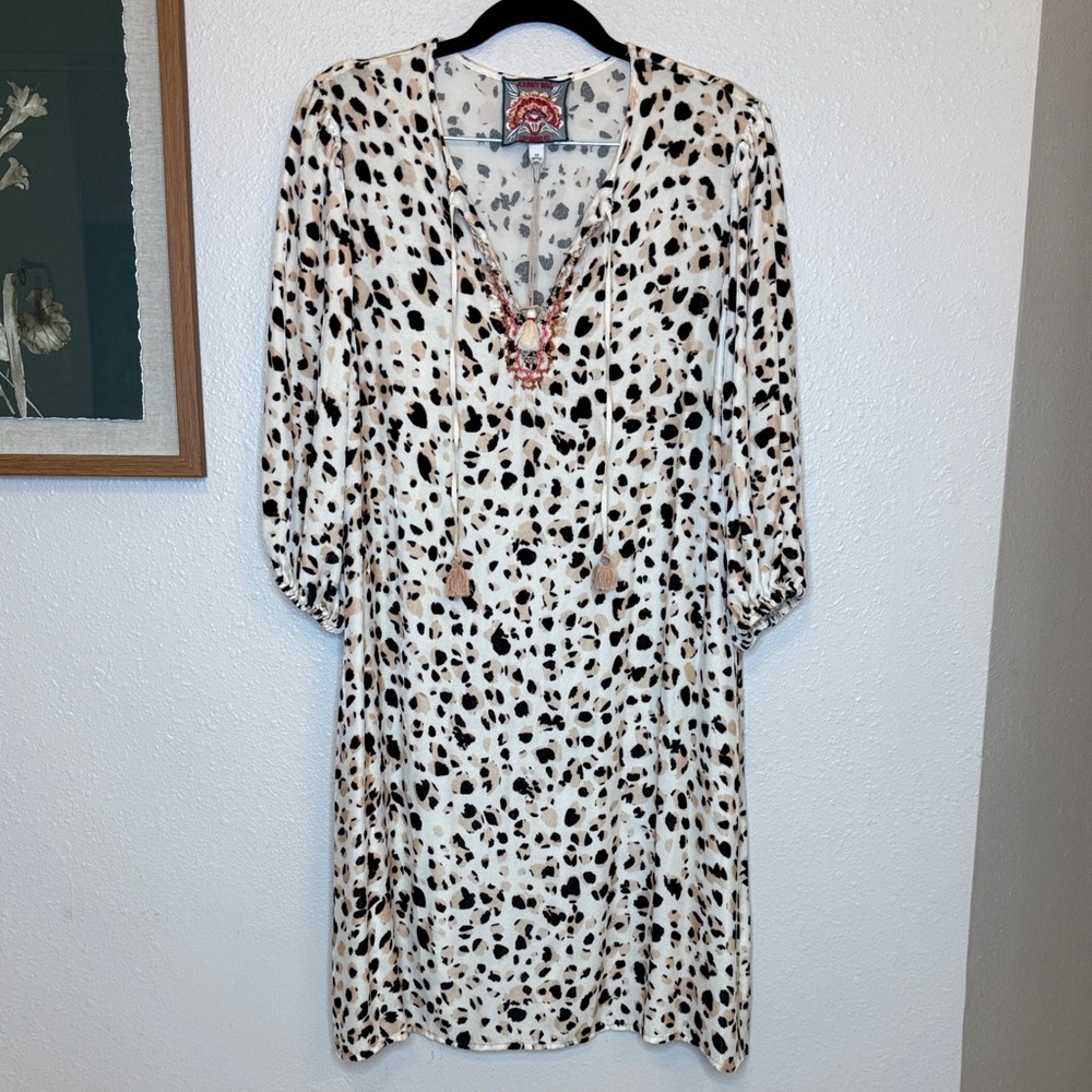 Johnny Was Eglantine Velvet‎ Relaxed Dress XS Leopard Print Boho Tunic Mini
